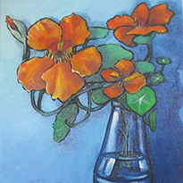 Orange Nasturtiums in a Blue Glass Vase